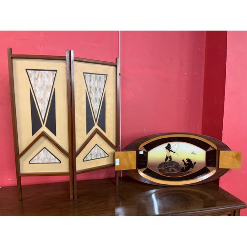 357 - An Art Deco hand painted oak tray and a small folding screen