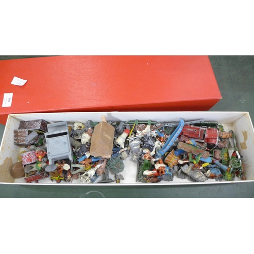 798 - A box of mixed Britains farm animals, native American figures, soldiers, Crescent Toys cooker, etc.