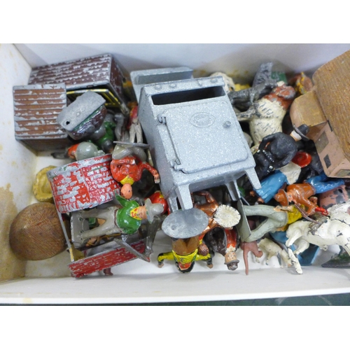 798 - A box of mixed Britains farm animals, native American figures, soldiers, Crescent Toys cooker, etc.