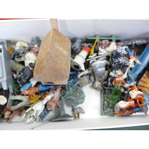 798 - A box of mixed Britains farm animals, native American figures, soldiers, Crescent Toys cooker, etc.