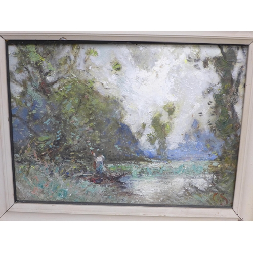 820 - Early 20th Century Scottish Impressionist oil on board painting of a Loch/riverside scene