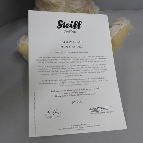 828 - A Steiff replica 1929 teddy bear, limited edition, with certificate, boxed