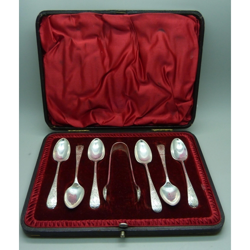 874 - A cased set of six silver spoons and sugar bows, 97g