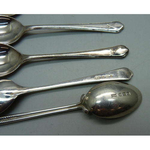 888 - Six silver golf spoons and two Danish silver spoons, 95g