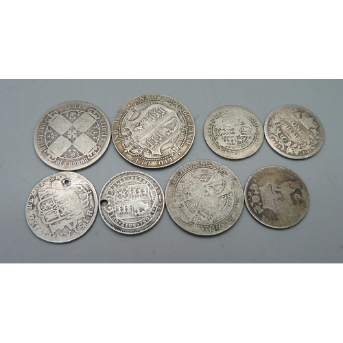 891 - An Edward VII silver coin and seven 19th Century silver coins, 61.6g