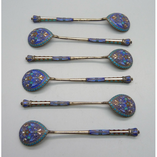 893 - A set of six Russian silver and enamelled spoons