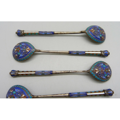 893 - A set of six Russian silver and enamelled spoons