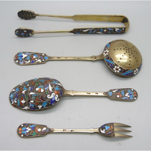 894 - Two Russian silver and enamelled spoons including a sifter, a pair of ice nips and a small fork, 99g