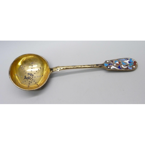 894 - Two Russian silver and enamelled spoons including a sifter, a pair of ice nips and a small fork, 99g