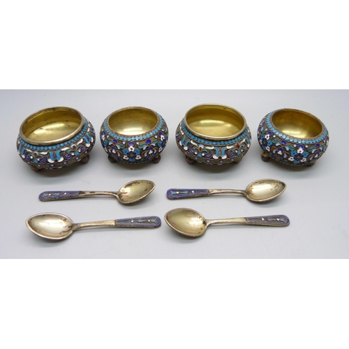 895 - A set of four Russian silver and enamelled salts with spoons, 182g