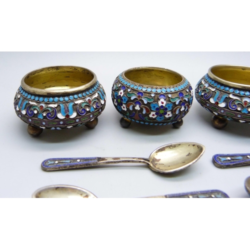 895 - A set of four Russian silver and enamelled salts with spoons, 182g