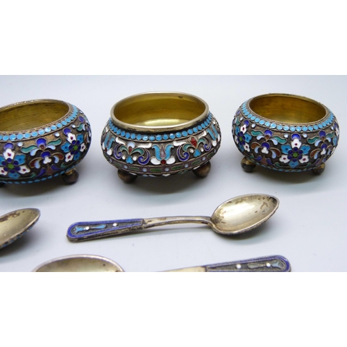 895 - A set of four Russian silver and enamelled salts with spoons, 182g