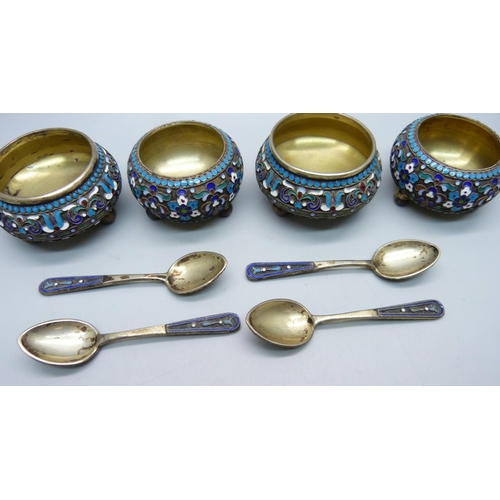 895 - A set of four Russian silver and enamelled salts with spoons, 182g