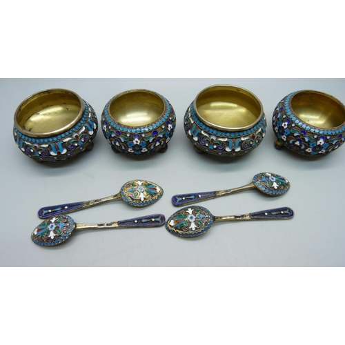 895 - A set of four Russian silver and enamelled salts with spoons, 182g