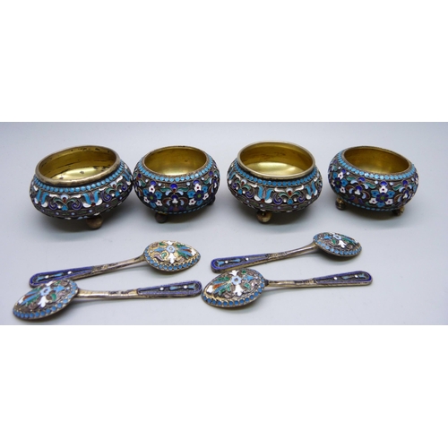 895 - A set of four Russian silver and enamelled salts with spoons, 182g