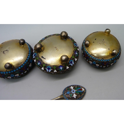 895 - A set of four Russian silver and enamelled salts with spoons, 182g