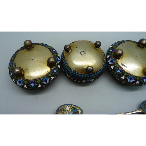 895 - A set of four Russian silver and enamelled salts with spoons, 182g