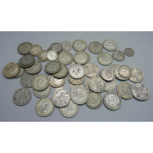 897 - Assorted pre 1946 coins, florins, shillings and sixpence, 477g