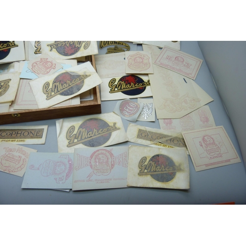 901 - Approximately 100 manufacturer transfers for gramophone, phonograph, radio, Marconi, Columbia, sewin... 