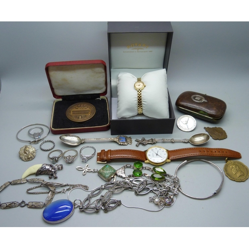 907 - Assorted medallions, purse, a/f, spoons, jewellery  including silver and a lady's Rotary watch