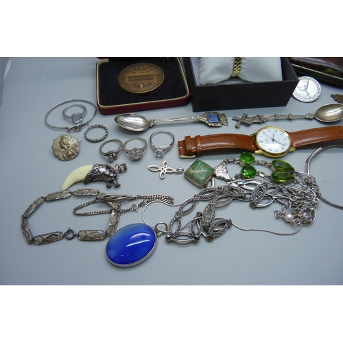 907 - Assorted medallions, purse, a/f, spoons, jewellery  including silver and a lady's Rotary watch