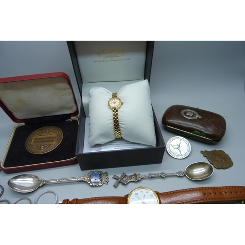 907 - Assorted medallions, purse, a/f, spoons, jewellery  including silver and a lady's Rotary watch