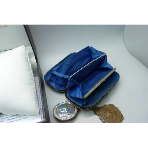 907 - Assorted medallions, purse, a/f, spoons, jewellery  including silver and a lady's Rotary watch