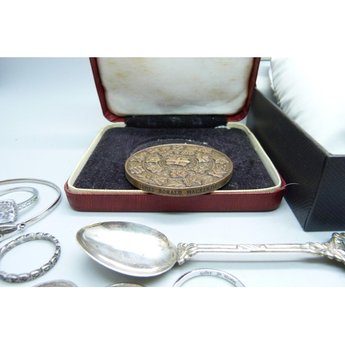 907 - Assorted medallions, purse, a/f, spoons, jewellery  including silver and a lady's Rotary watch