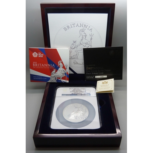 917 - A 2013 first strike Silver Proof 5oz. Britannia, 999/1000 silver, UK Proof, limited edition, cased, ... 