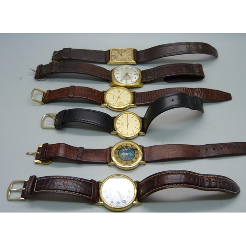 923 - Six wristwatches including Roamer, Accurist, Seiko and Pierre Cardin with Australian opal set dial