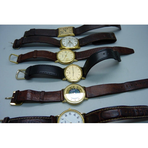 923 - Six wristwatches including Roamer, Accurist, Seiko and Pierre Cardin with Australian opal set dial