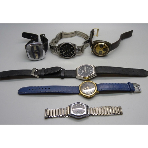 938 - Six wristwatches including two Seiko 5, Ingersoll Digital and Citizen chronograph automatic