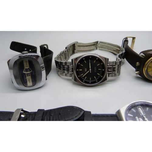 938 - Six wristwatches including two Seiko 5, Ingersoll Digital and Citizen chronograph automatic