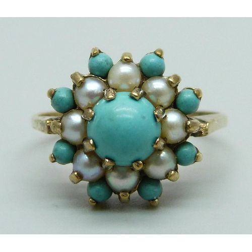 968 - A 9ct gold, turquoise and pearl cluster ring, 2.5g, L