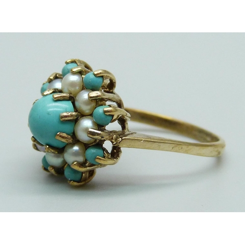 968 - A 9ct gold, turquoise and pearl cluster ring, 2.5g, L