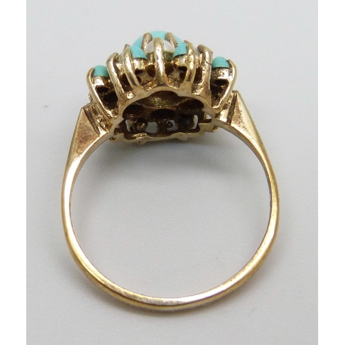 968 - A 9ct gold, turquoise and pearl cluster ring, 2.5g, L