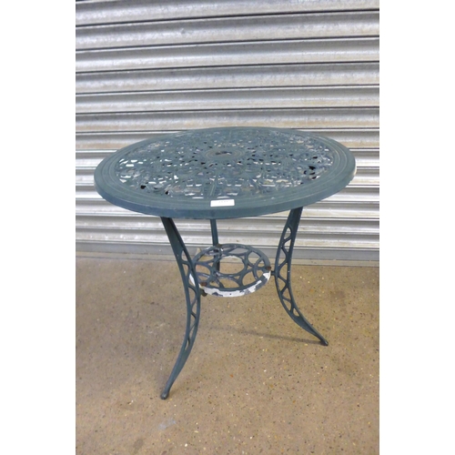 2133 - An aluminium cast metal garden table and two chairs