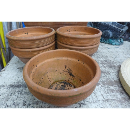 2163 - Two rectangular terracotta planters, five small terracotta planters and a large round terracotta pla... 