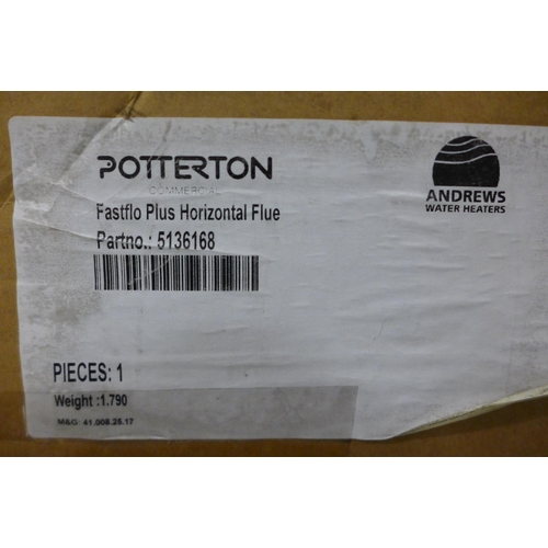 2249 - 2 x Potterton Fastflow Horizontal Flues, 75cm long x 26cm dia includes terminal plate, 90 deg fittin... 