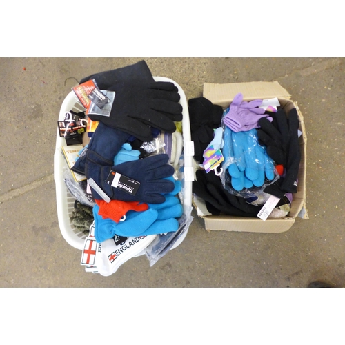 2251 - Two boxes of assorted children's hats gloves and scarfs in assorted sizes and styles including a qua... 