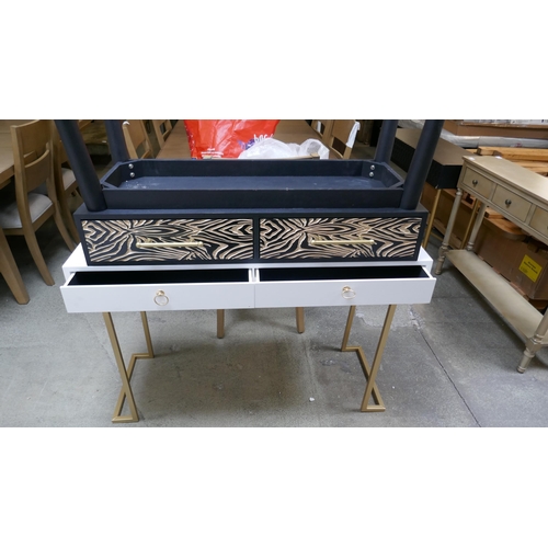 1506 - A two drawer console table with gold legs and  a two drawer zebra design console table (Damaged Leg)