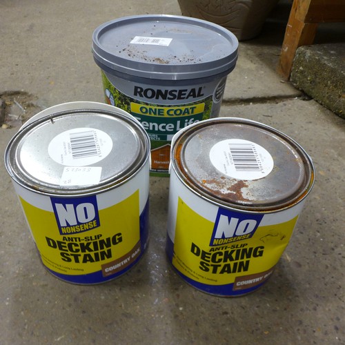 2157 - Two pots of No Nonsense Country Oak anti-slip decking stain and a 5 litre pot of Ronseal Harvest Gol... 