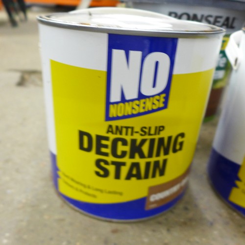 2157 - Two pots of No Nonsense Country Oak anti-slip decking stain and a 5 litre pot of Ronseal Harvest Gol... 