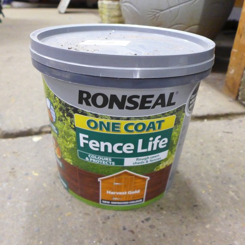 2157 - Two pots of No Nonsense Country Oak anti-slip decking stain and a 5 litre pot of Ronseal Harvest Gol... 