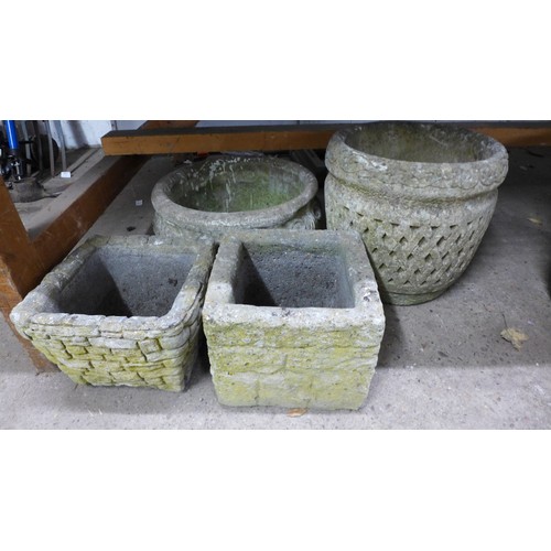 2157B - Two square concrete planters and two round concrete round planters