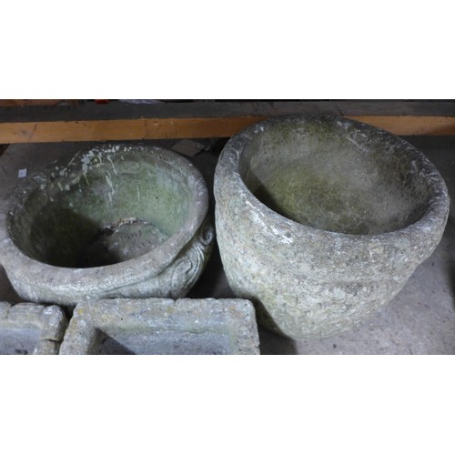 2157B - Two square concrete planters and two round concrete round planters