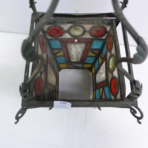 2086 - A Victorian Gothic revival copper and stained-glass decorative lantern