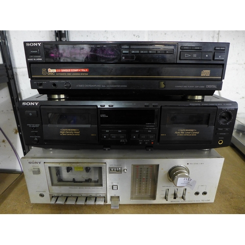 2117 - Three Sony Hi-Fi separates- A Sony CDP-C50M 5-disc CD player, A Sony TC-WE252 twin tape cassette dec... 