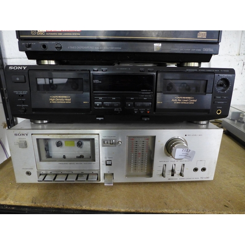 2117 - Three Sony Hi-Fi separates- A Sony CDP-C50M 5-disc CD player, A Sony TC-WE252 twin tape cassette dec... 