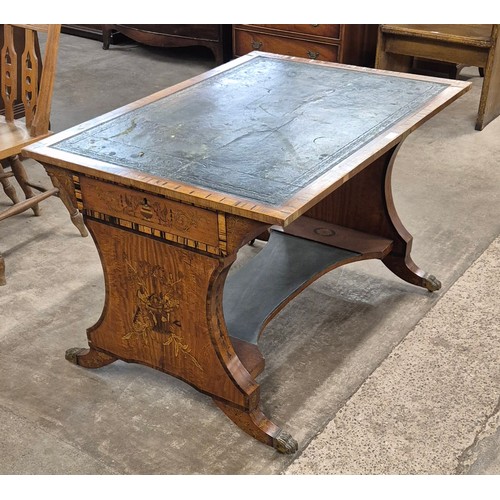 193 - A Regency marquetry inlaid satinwood, coromandel and green leather topped two drawer library table